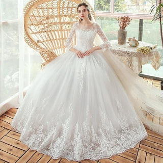 Luxurious O Neck Three Quarter Sleeve Wedding Dress For Women | EdleessFashion