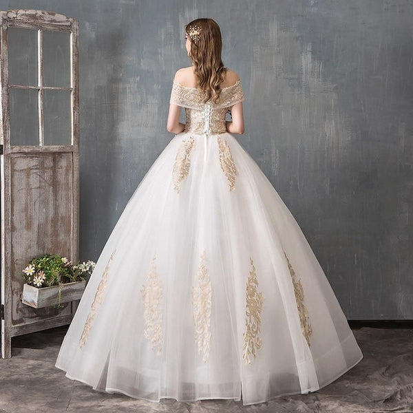 Sexy Boat Neck Wedding Dress Luxury Lace Embroidery Slim Princess Ball Gown | EdleessFashion