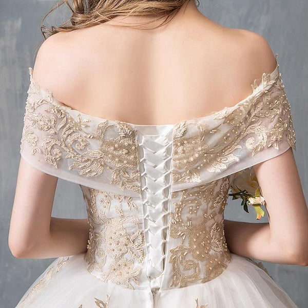 Sexy Boat Neck Wedding Dress Luxury Lace Embroidery Slim Princess Ball Gown | EdleessFashion