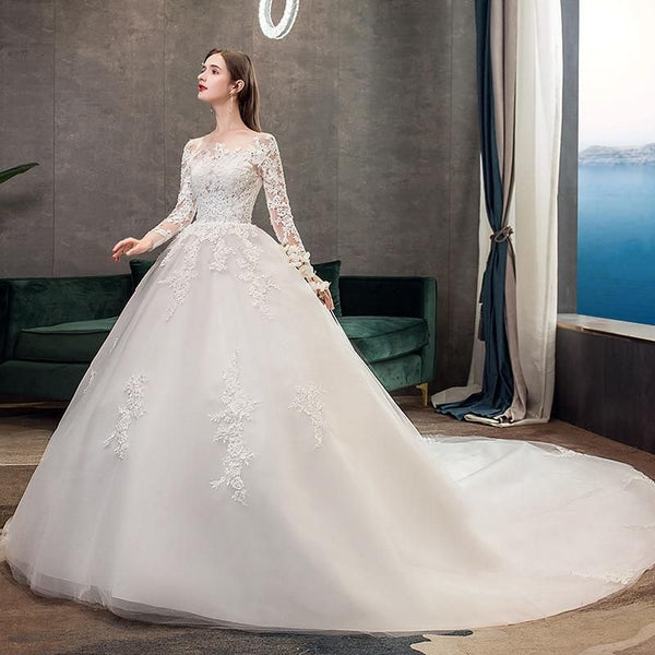 Wedding Dress Classic Off White Long Sleeve With Train | EdleessFashion