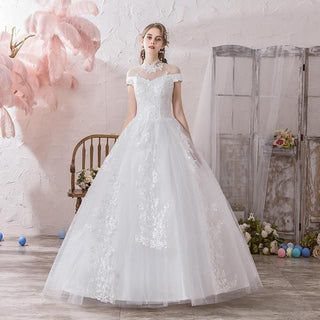 Vintage High Neck Luxury Wedding Dress with Short Sleeve | EdleessFashion