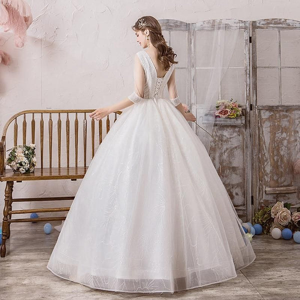 High-Grade V Neck Three Quarter Sleeve Wedding Dress | EdleessFashion