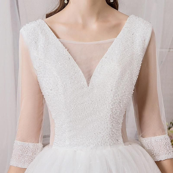 High-Grade V Neck Three Quarter Sleeve Wedding Dress | EdleessFashion