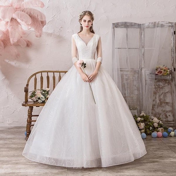 High-Grade V Neck Three Quarter Sleeve Wedding Dress | EdleessFashion