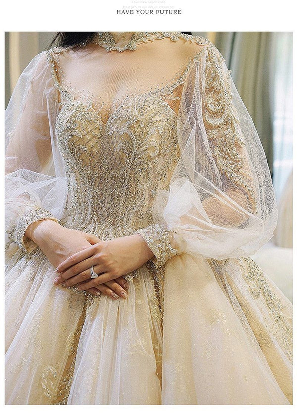 Luxury Court Train Wedding Gown with long sleeves | EdleessFashion