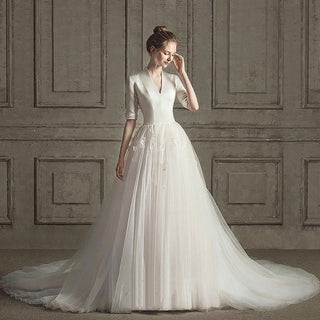 New Luxury Wedding Dress Half Sleeves Satin Gown | EdleessFashion