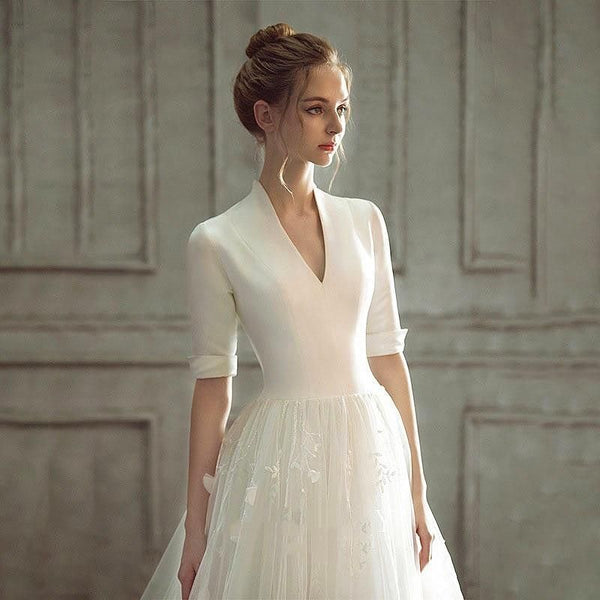 New Luxury Wedding Dress Half Sleeves Satin Gown | EdleessFashion