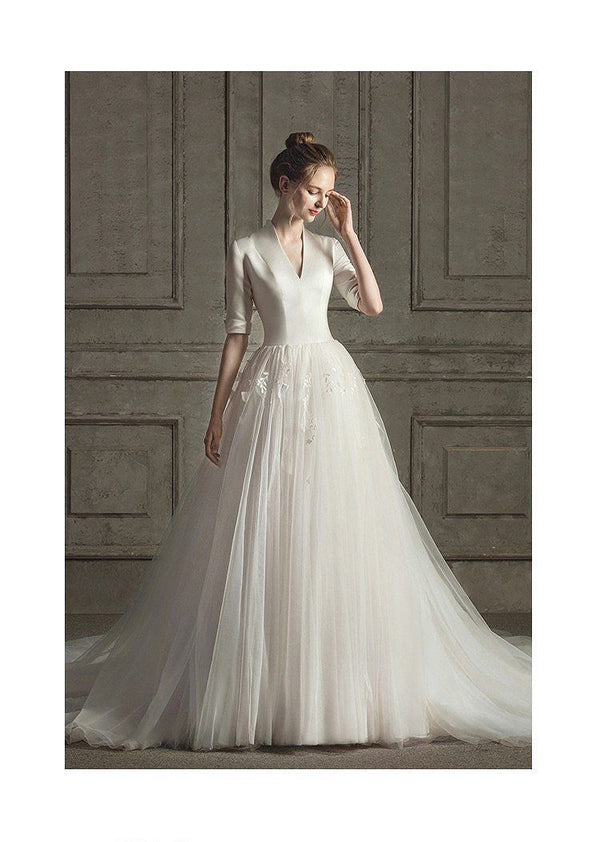 New Luxury Wedding Dress Half Sleeves Satin Gown | EdleessFashion