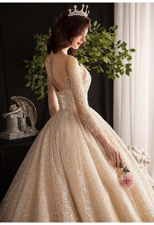 Luxury Shiny Wedding Dresses Long Sleeves Gown | EdleessFashion