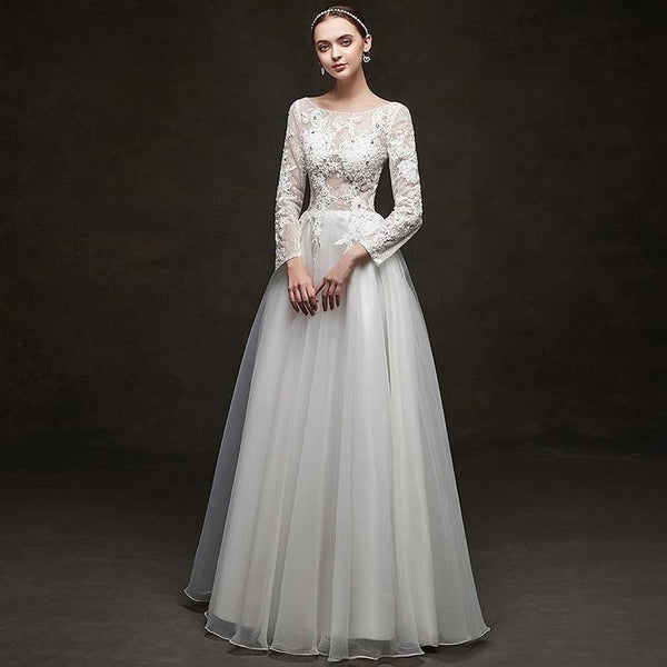 A-Line Wedding Dress Long Sleeve with Crystal Beading | EdleessFashion