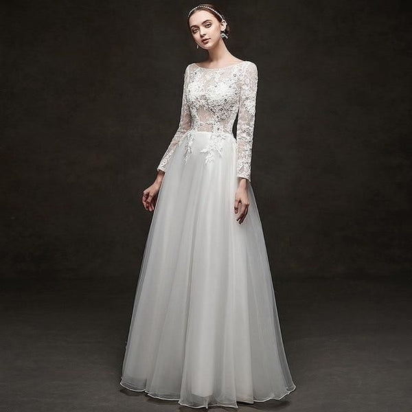 A-Line Wedding Dress Long Sleeve with Crystal Beading | EdleessFashion