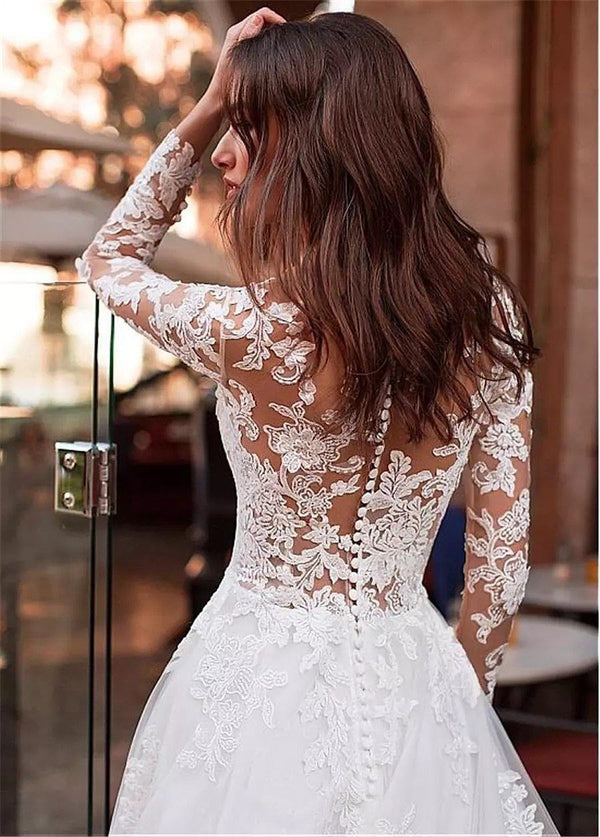 Boho Long Sleeves Wedding Dresses Lace Appliqued Tulle | EdleessFashion