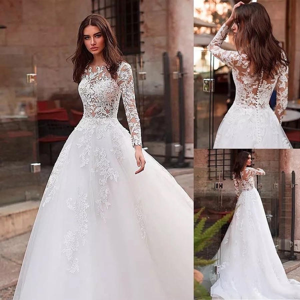 Boho Long Sleeves Wedding Dresses Lace Appliqued Tulle | EdleessFashion