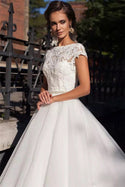 Short Sleeve Wedding Dress Backless Lace with Beaded Pearls | EdleessFashion