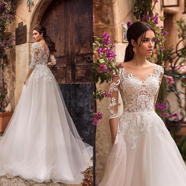 Elegant A-Line Wedding Dress 3/4 Sleeves Gown | EdleessFashion