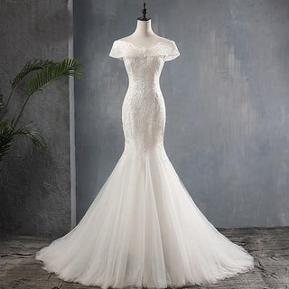 Luxury Lace Boat Neck Mermaid Wedding Gown With Train | EdleessFashion