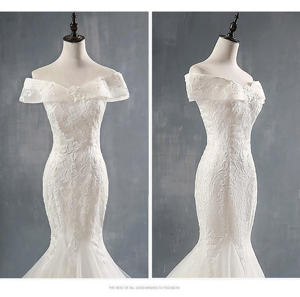 Luxury Lace Boat Neck Mermaid Wedding Gown With Train | EdleessFashion