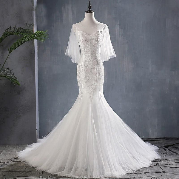 Sexy Court Train Mermaid Wedding Dress with Batwing Sleeves | EdleessFashion