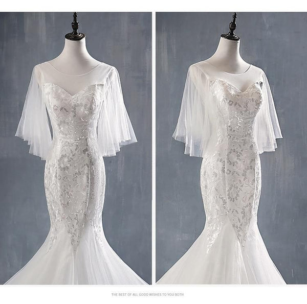 Sexy Court Train Mermaid Wedding Dress with Batwing Sleeves | EdleessFashion