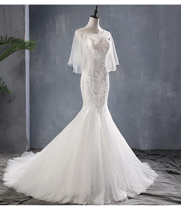 Sexy Court Train Mermaid Wedding Dress with Batwing Sleeves | EdleessFashion