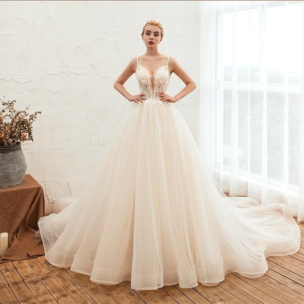 Romantic Spaghetti Straps Wedding Dress with Chapel Train | EdleessFashion