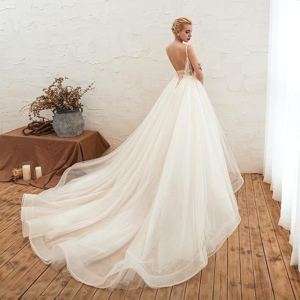 Romantic Spaghetti Straps Wedding Dress with Chapel Train | EdleessFashion