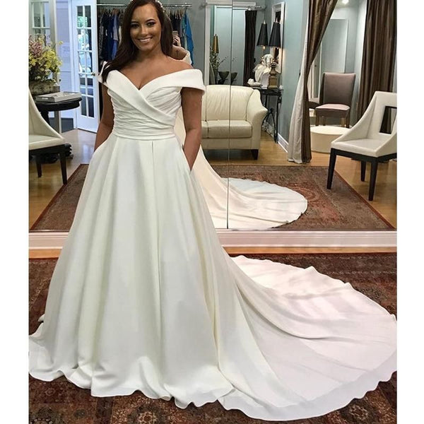 Beautiful Satin Off Shoulder Wedding Dress with Chapel Train | EdleessFashion