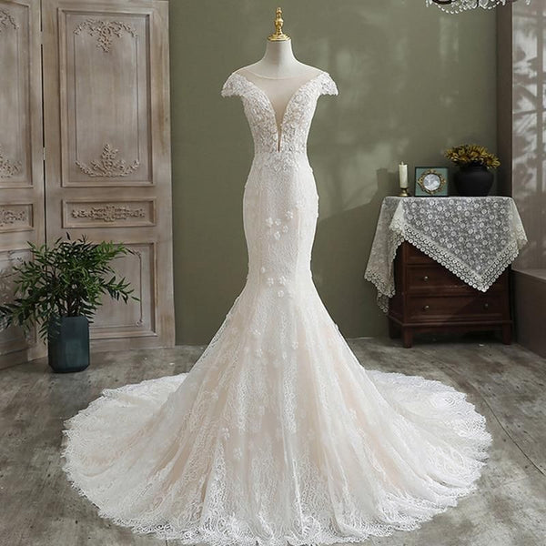 Luxury Appliques Mermaid Wedding Gown with Sweep Train | EdleessFashion