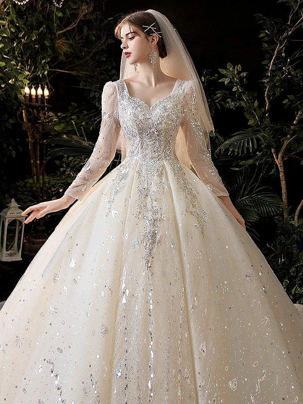 Luxury Princess Long Sleeves Wedding Dress with Crystal Sequined Lace | EdleessFashion