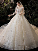 Luxury Princess Long Sleeves Wedding Dress with Crystal Sequined Lace | EdleessFashion