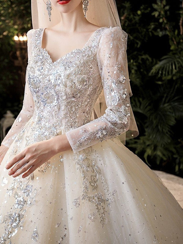 Luxury Princess Long Sleeves Wedding Dress with Crystal Sequined Lace | EdleessFashion