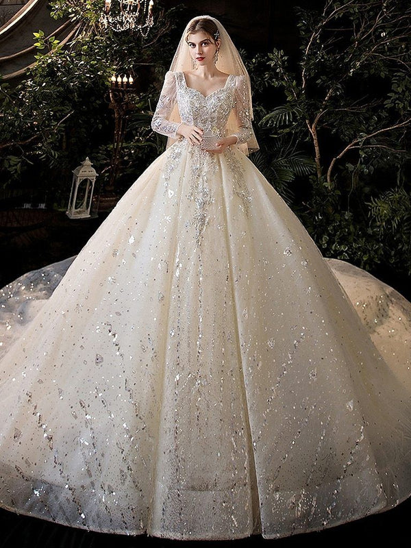 Luxury Princess Long Sleeves Wedding Dress with Crystal Sequined Lace | EdleessFashion