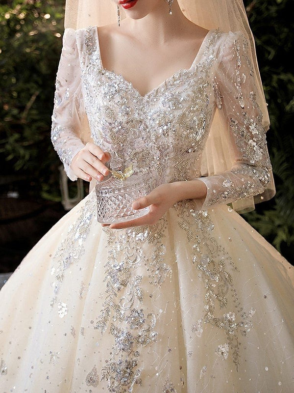 Luxury Princess Long Sleeves Wedding Dress with Crystal Sequined Lace | EdleessFashion