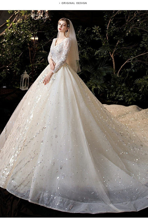 Luxury Princess Long Sleeves Wedding Dress with Crystal Sequined Lace | EdleessFashion