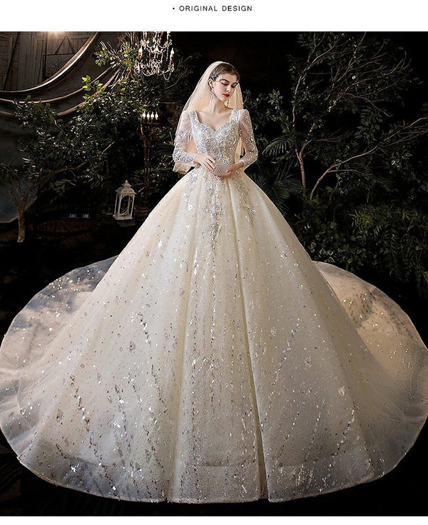 Luxury Princess Long Sleeves Wedding Dress with Crystal Sequined Lace | EdleessFashion