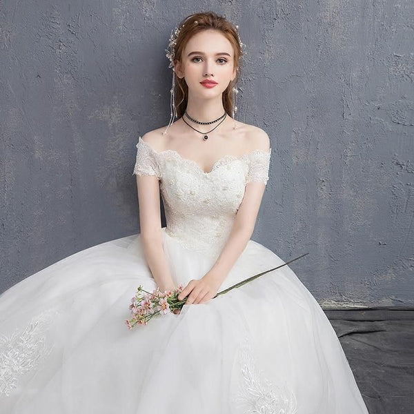 Applique Lace Vintage Wedding Dress Off Shoulder Bride Dress | EdleessFashion