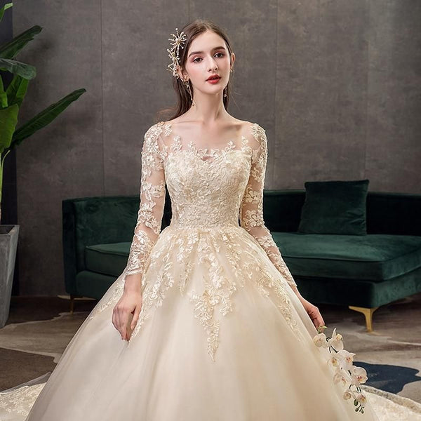 Sexy O Neck Full Sleeve Wedding Dress Illusion Lace Embroidery | EdleessFashion