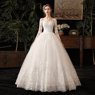 Sexy O Neck Full Sleeve Wedding Dress Illusion Lace Embroidery | EdleessFashion