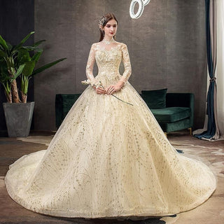 New Gold Luxury Long Train High Neck Full Sleeve Wedding Dress Lace Applique | EdleessFashion